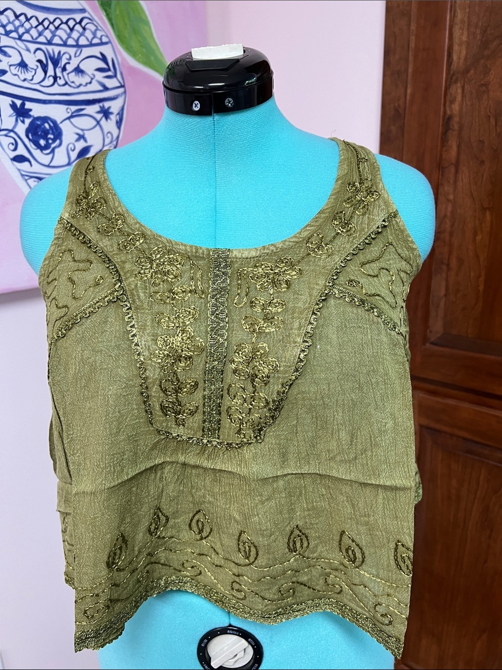 Green Embroidered Women's Crochet-Trim Camisole